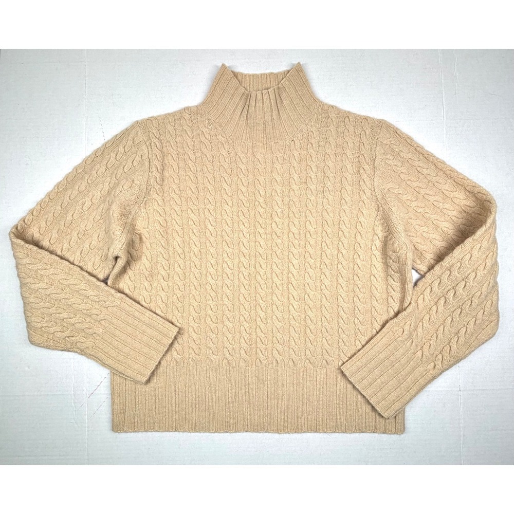 Ann Taylor 100% Lambswool Cable Knit Fisherman Sweater Womens‎ Large Camel EUC